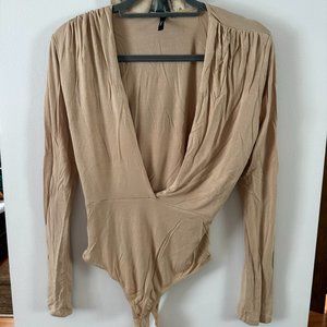 Beige Deep V Bodysuit